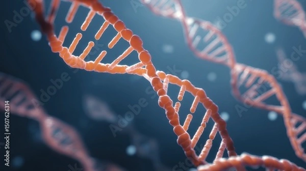 Fototapeta Close-up view of dna helix structure with glowing elements in a dark background