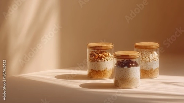 Fototapeta Three jars of oatmeal with nuts and berries in sunlit setting