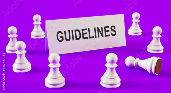 Fototapeta A group of chess pawns surrounding a card with the word guidelines on a purple background surface
