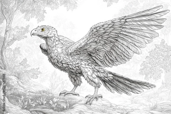 Fototapeta Detailed illustration of a majestic bird of prey with intricate feather details standing in a lush forest setting, awaiting flight.