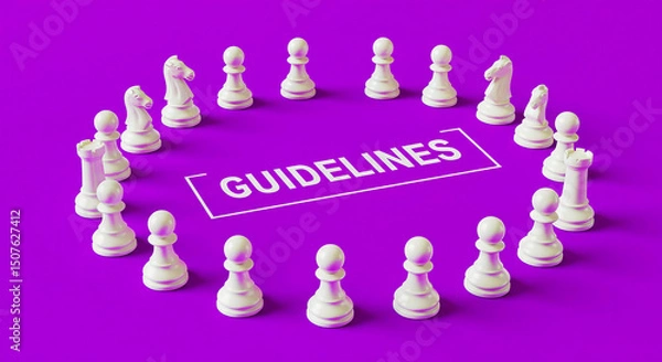 Fototapeta A circle of chess pieces around the word guidelines on a purple background in a studio setting