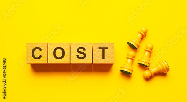 Fototapeta Cost spelled out with wooden blocks and white chess pawns on a yellow background flat lay view