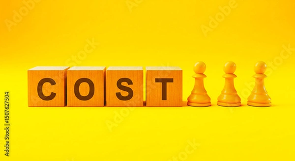 Fototapeta Wooden blocks spelling cost and three chess pawns on a yellow background in a studio setting