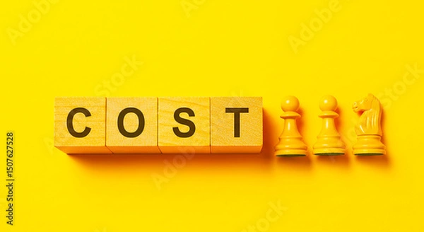 Fototapeta Cost spelled out in wooden blocks with chess pieces on a bright yellow colored background studio shot