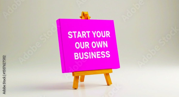 Fototapeta Pink canvas with start your own business text on a small wooden easel against a gray background