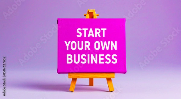 Fototapeta A purple canvas on a wooden easel with the words start your own business in white lettering shown