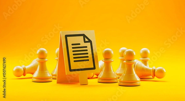 Fototapeta A document icon stands among white chess pawns on a bright yellow background in a conceptual illustration