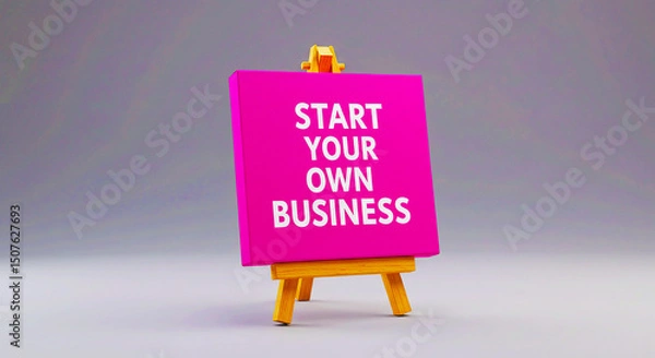 Fototapeta A pink canvas with start your own business text on a wooden easel against a gray background studio shot