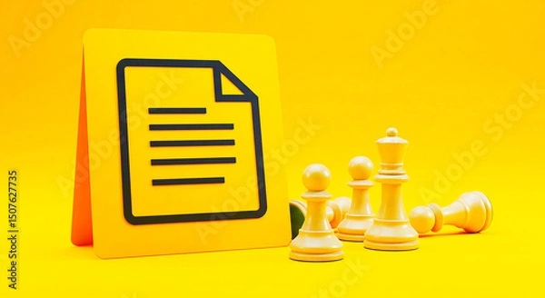 Fototapeta A yellow background with a document icon and chess pieces suggesting strategic documentation planning