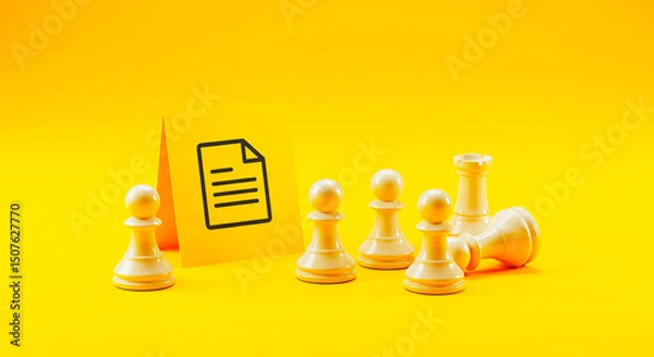 Fototapeta Yellow background with chess pieces and a document icon on a yellow card standing upright
