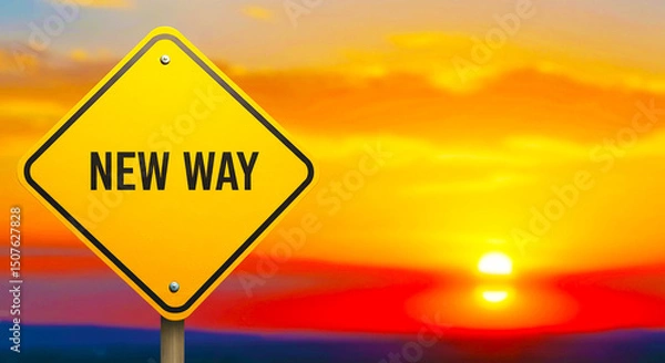 Fototapeta Yellow new way sign against a sunset sky indicating a change or new direction in the future ahead