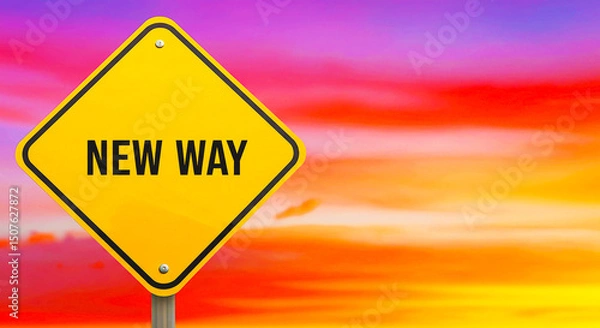 Fototapeta A yellow sign with the words new way against a colorful sky at sunset with a metal pole holding it up