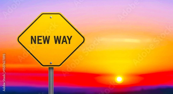 Fototapeta Yellow new way sign against a sunrise sky indicating a change in direction or a different approach