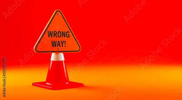 Fototapeta A wrong way sign on top of a safety cone against a solid orange colored studio background space