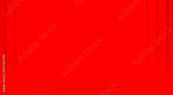 Fototapeta A monochrome red studio with a two tiered circular platform against a panelled wall backdrop