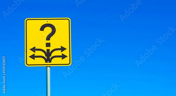 Fototapeta A yellow sign with a question mark and arrows pointing in different directions against a blue sky