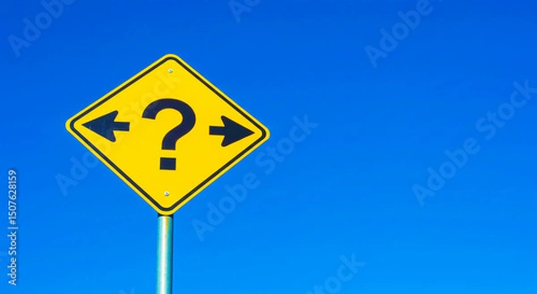 Fototapeta A yellow sign with a question mark and arrows pointing left and right against a clear blue sky day