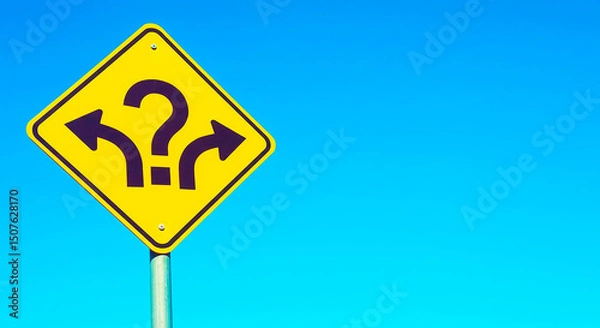 Fototapeta A yellow road sign with a question mark and arrows pointing left and right against a blue sky backgroun