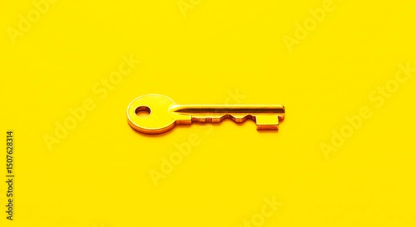 Fototapeta Single metal key lying horizontally on a plain yellow background in a centered composition