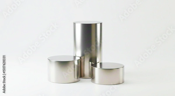 Fototapeta Three silver cylinders of varying heights arranged on a white surface in a minimalist style scene