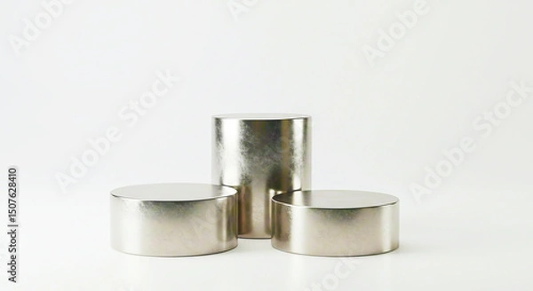 Fototapeta Three metallic cylinder podiums arranged on a white surface against a plain white background scene studio shot