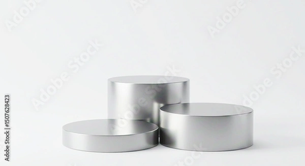 Fototapeta Three silver cylindrical podiums arranged in a staggered formation against a white background studio shot