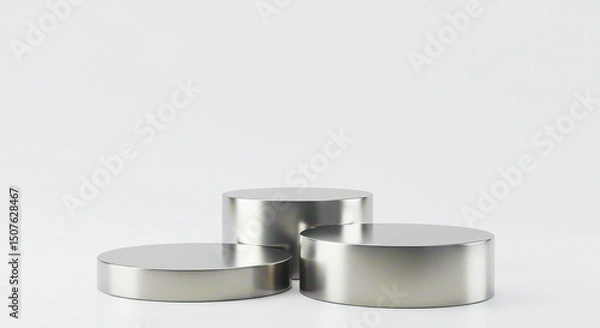Fototapeta Three silver cylinder podiums arranged in a tiered display against a plain white background scene render