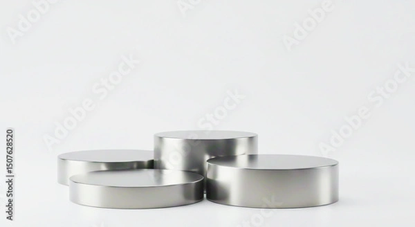 Fototapeta Four silver round podiums arranged on a white surface in a studio setting with neutral lighting