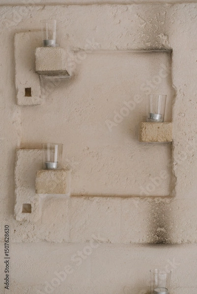 Fototapeta old stone wall and candles, interior decoration for spa or beauty salon