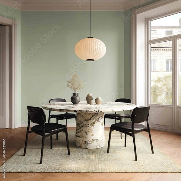 Obraz Modern dining room with light green walls a white marble table and black chairs A vintage pendant light fixture hangs above the round stone tabletop A carpet