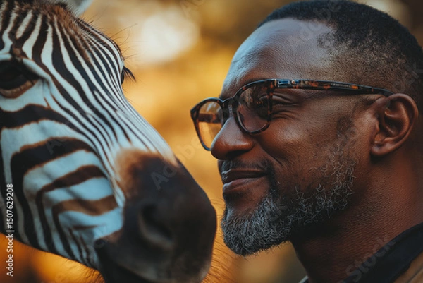 Fototapeta A smiling man gazes fondly at a zebra, their faces close in a heartwarming moment of connection in a wildlife setting.