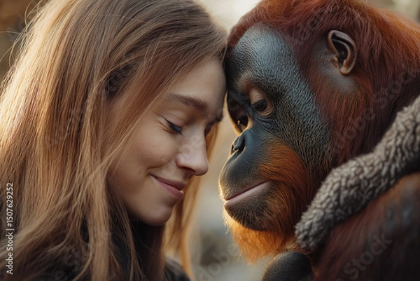 Fototapeta A tender moment captured between a young woman and an orangutan, showcasing connection and shared warmth through gentle touch.