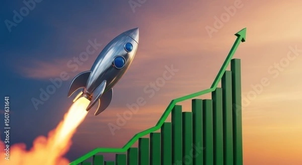 Obraz Cohete despegando sobre un gráfico financiero verde en crecimiento que se eleva rápidamente. Avance, éxito, startup.

