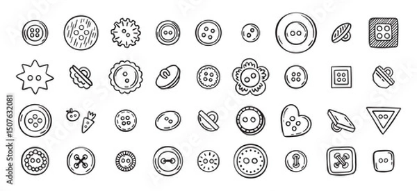 Obraz Sewing buttons line hand drawn doodle art icons set. Sewing accessories clothes various outline shapes. 