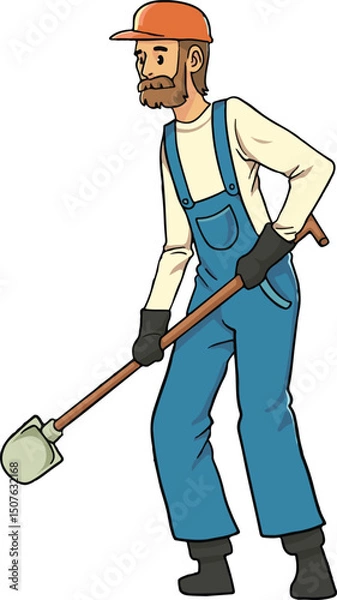 Obraz A bearded gardener in overalls and a cap, holding a shovel, depicting outdoor work, landscaping, or agricultural tasks. Ideal for designs related to gardening, farming, and home improvement.