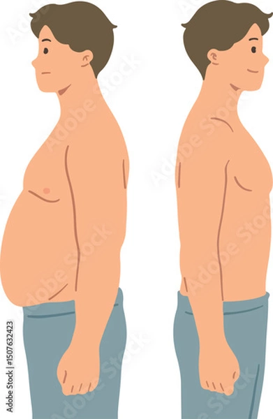 Obraz Illustration depicting a man's body before and after weight loss, showing a significant transformation from overweight to a healthier, fitter physique. Ideal for health, diet, and fitness concepts.