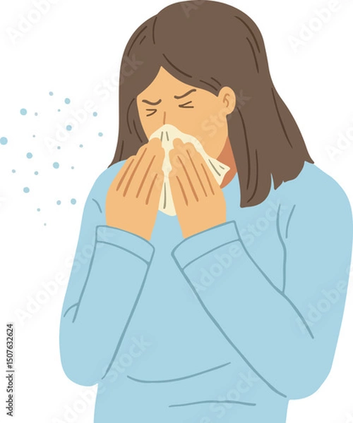 Obraz A woman sneezes or coughs into a tissue, illustrating symptoms of a cold, flu, or allergies. Ideal for health, hygiene, illness prevention, and medical topics.