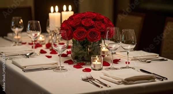 Fototapeta Romantic dinner table setting with roses and candles for valentine's day or special date night event