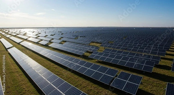 Fototapeta Aerial view of solar panel farm for renewable energy generation and sustainable power production project site
