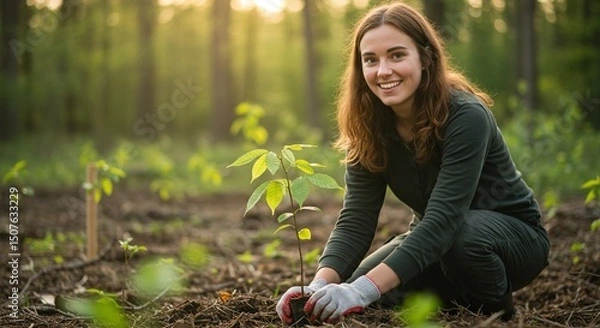 Fototapeta Young woman planting tree seedling in forest for reforestation and environmental conservation project