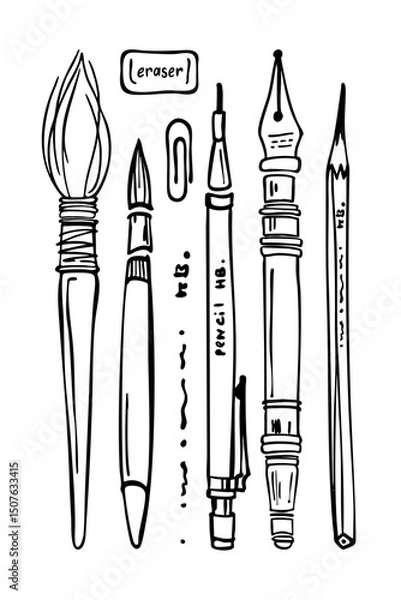 Fototapeta Art Supplies Collection. Hand drawn black and white vector illustration in ink sketch style. For worksheets, art lessons, printables, branding, planners, and digital design. Scalable and editable.