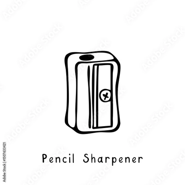 Fototapeta Pencil Sharpener. Hand drawn black and white vector illustration in ink sketch style. For worksheets, art lessons, printables, branding, planners, and digital design. Scalable and editable.
