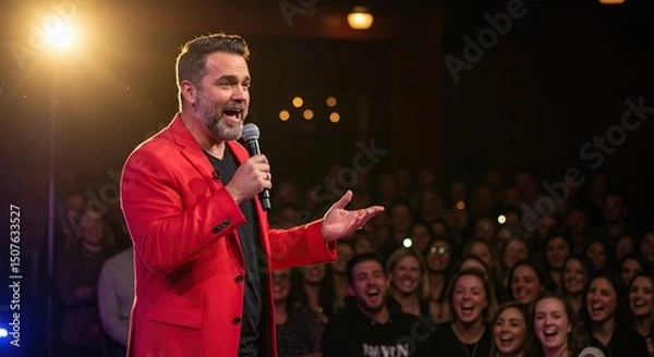 Fototapeta Stand up comedy show live performance comedian on stage with microphone and audience laughing event