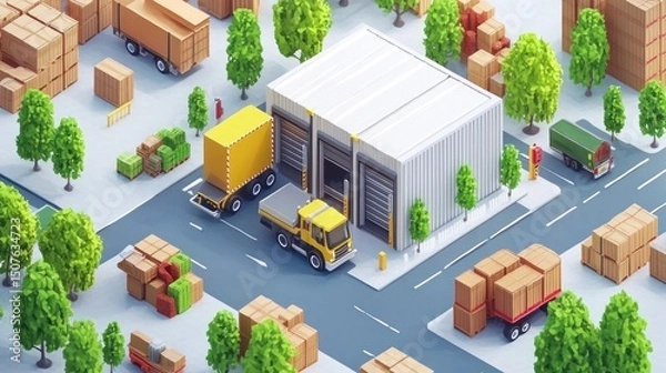 Fototapeta An isometric view of a busy warehouse district with various delivery trucks.