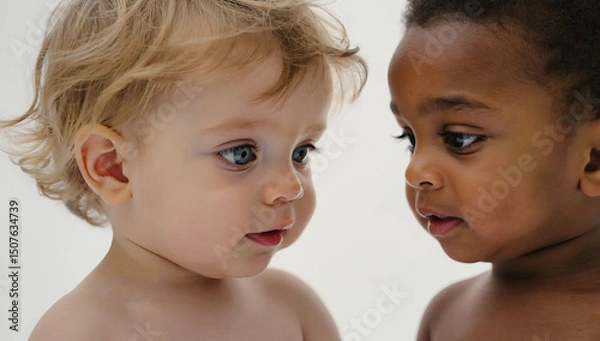Obraz Two infants, one with curly blonde hair and blue eyes, the other with dark curly hair and brown eyes, are gazing at each other with expressions of curiosity and wonder in a soft-lit environment