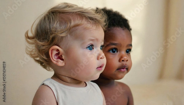 Obraz Two young children, one with curly blonde hair and blue eyes, the other with dark skin and short hair, are sitting side by side, showcasing innocence and friendship in a soft, warm environment