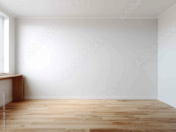 Obraz a frontal view of a plain white wall inside a bed room the floor is natural oak