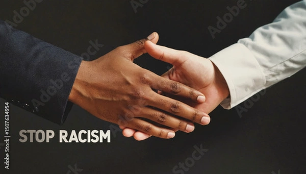 Fototapeta Hands of diverse individuals, one dark-skinned and one light-skinned, coming together in a handshake, symbolizing unity and collaboration against racism and discrimination