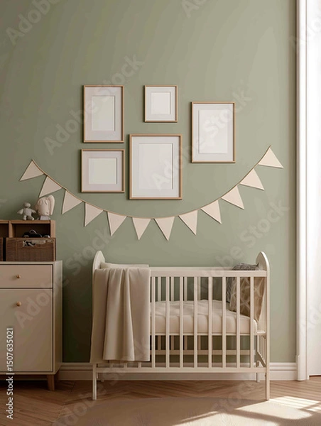 Obraz a hyperrealistic photograph of a nursery in with a soft muted sage wall and beige cream and neutral toned decor There is a gallery wall with six empty white
