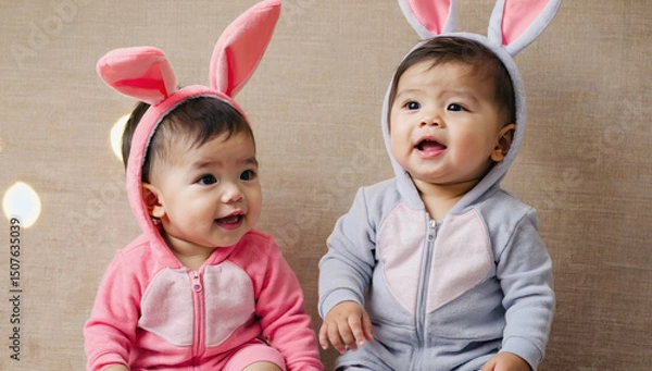 Fototapeta Two adorable infants wearing bunny ear hoodies, one in pink and the other in gray, are sitting together, smiling joyfully against a soft, neutral background, capturing a playful moment